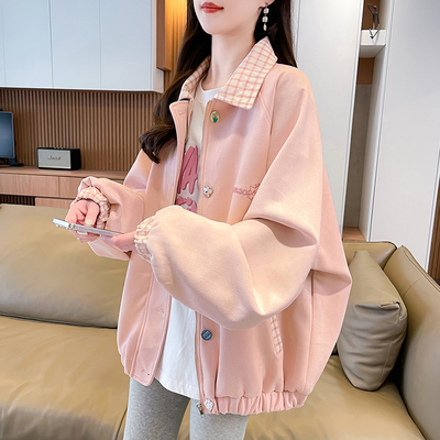 粉色格子拼接棒球服外套女