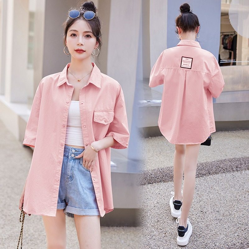 粉色短袖牛仔衬衣女2023夏季新款韩版宽松百搭中长款衬衫薄款外套