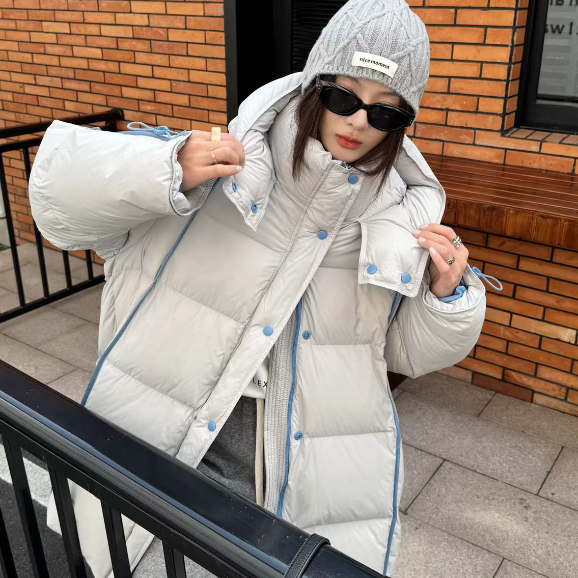 一善设计上新简约韩系连帽绗缝宽松中长款保暖棉服外套25013