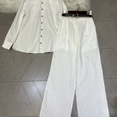 一善设计古麦穗刺绣亚麻长袖衬衫+阔腿休闲裤两件套套装Y20046