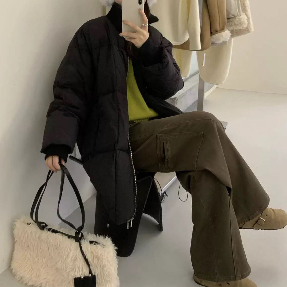 一善设计冬上新2025韩系气质中长款保暖羽绒服外套f994