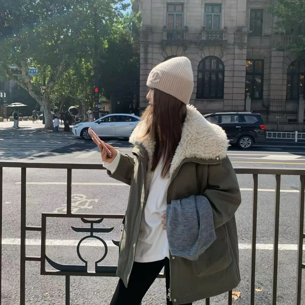 一善韩系休闲拼接羊羔毛领中长款派克保暖羽绒服外套8803YPY