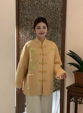 一善中式国风竹子钉珠刺绣立领盘扣羊毛外套（含75羊毛）C14622