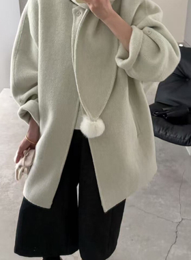 善韩系圆领宽松显瘦中长款羊毛外套(配围巾)（含90绵羊毛）88808