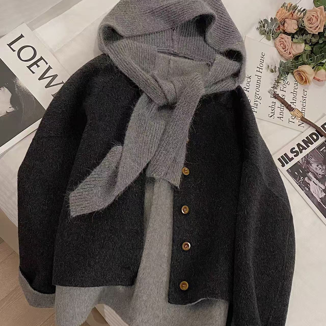 一善针织帽领双面羊毛外套(配可拆卸针织帽子)（含100澳毛）18228