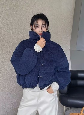 一善灰色灯芯绒立领短款羽绒服女2025冬新款保暖羽绒服外套MP102