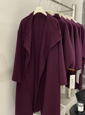 一善家风翻领宽松长款羊毛外套(配腰带)（含100羊毛）由里-88090G