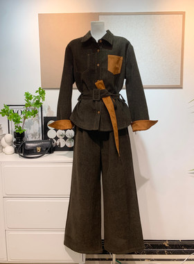 一善服饰港味复古绒面衬衣外套+休闲裤套装(配腰带)35352