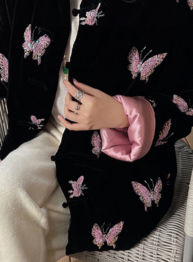 一善冬上新神秘魅惑黑色招财小蝴蝶真丝绒绒外套短外套22525