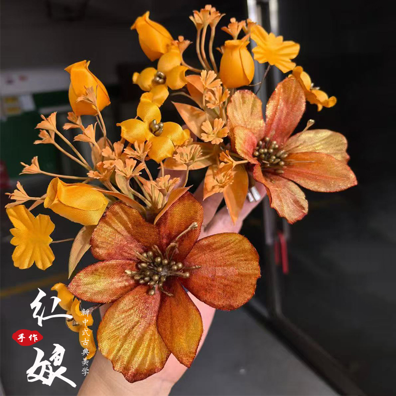 新款新中式手作金色花朵头饰发夹女复古装饰品花朵发饰拍照头饰