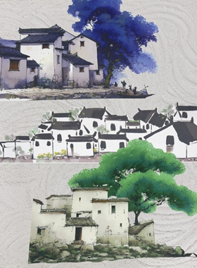 水墨晕染古风房子山水画江南