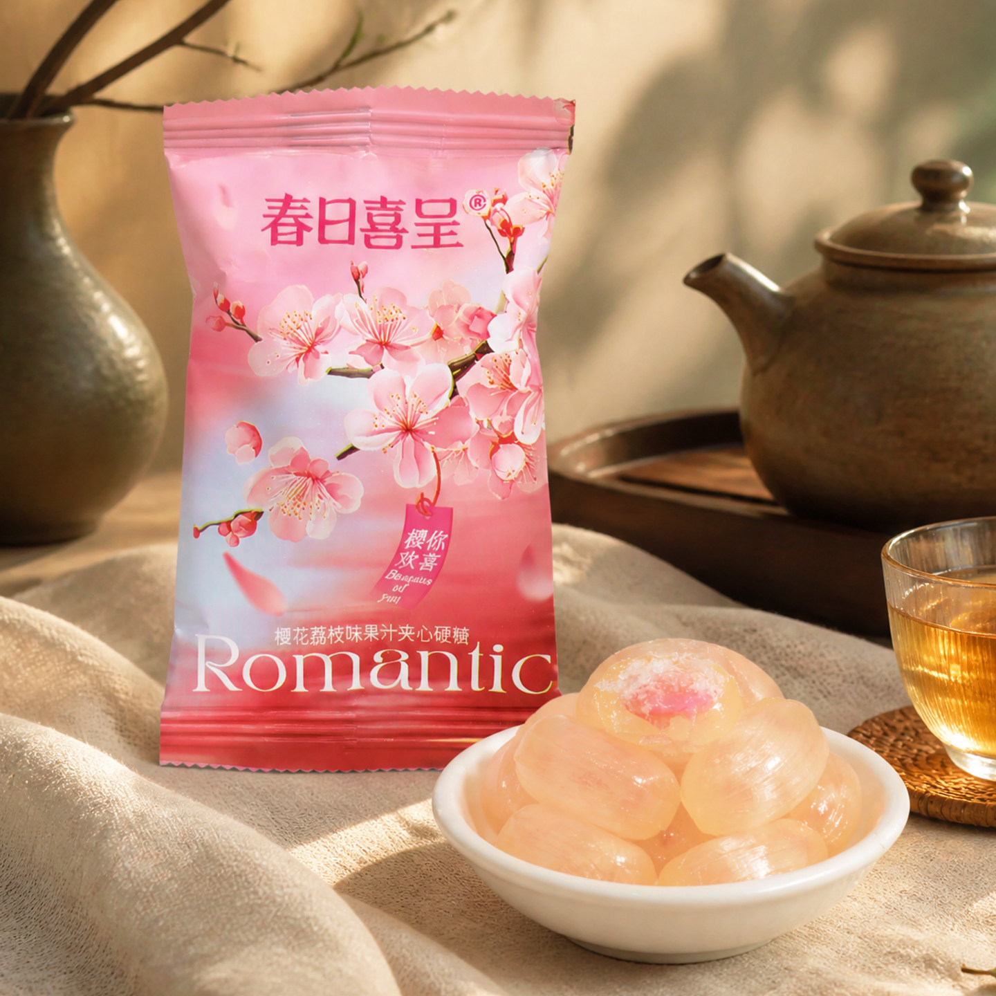 春日喜呈樱花荔枝味夹心硬糖结婚订婚婚庆伴手礼喜糖零食散装糖果