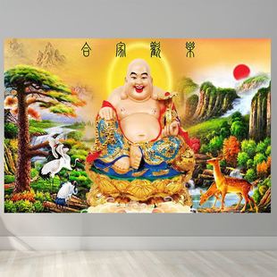 仙堂画阖家欢乐弥勒佛仙鹤迎客松画招财进宝墙贴自粘贴画