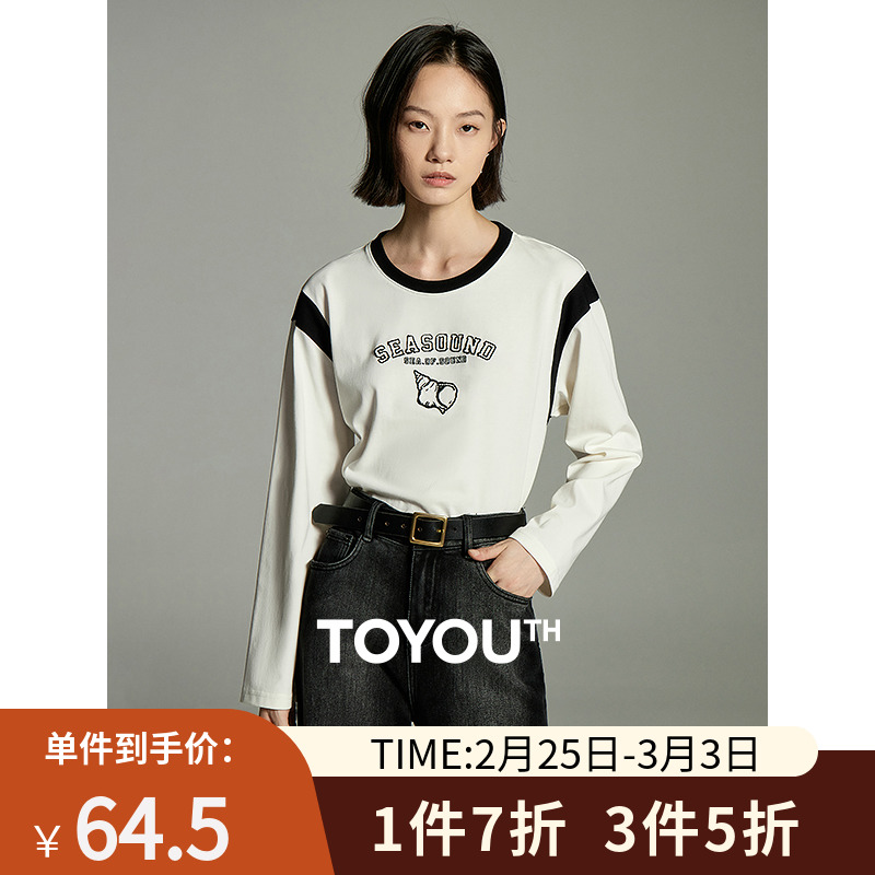 TOYOUTH初语时装轻运动T恤女2023年冬季新款撞色字母假两件上衣