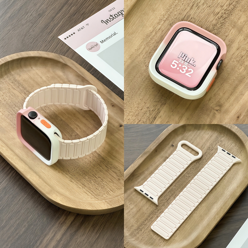适用applewatch表带保护壳iwatch10苹果S9手表S10套装S8硅胶S7磁吸S6运动腕带柠檬黄男款se高级ultra粉色女款
