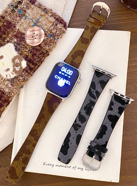 适用iwatch11苹果s10手表s9表带applewatch秋冬豹纹s11小蛮腰细版修身s8女款se7654ultra3代series真皮高级感