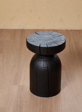 原木墩子木桩凳实木侘寂炭烧黑色沙发旁边角几摆件底座根雕矮凳子