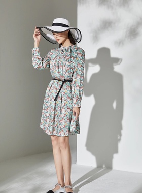 专柜价899哥b邦撤柜品牌女装春秋新款绿色小碎花职业中长款连衣裙