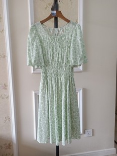 香ying撤品牌女装夏季新款绿花圆领松紧腰腰泡泡袖两件套连衣裙