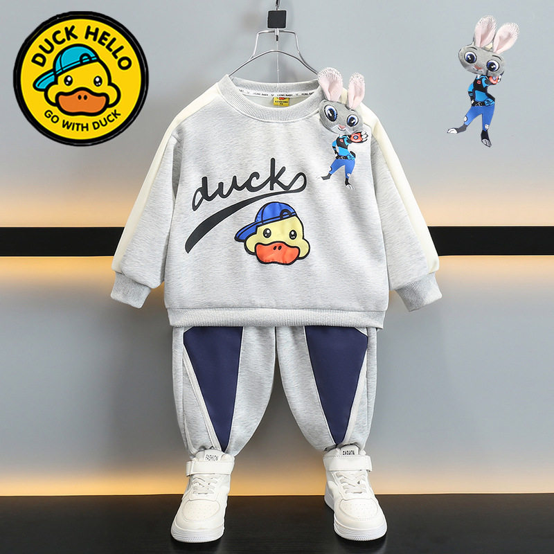 男童套装春秋新款儿童卡通小黄鸭卫衣针织衫休闲裤两件套运动童装