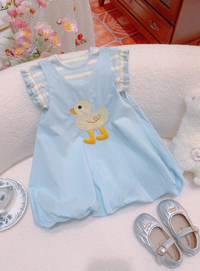 女童新款夏季清新可爱时尚背带裙儿童立体小黄鸭玩偶背0027A044