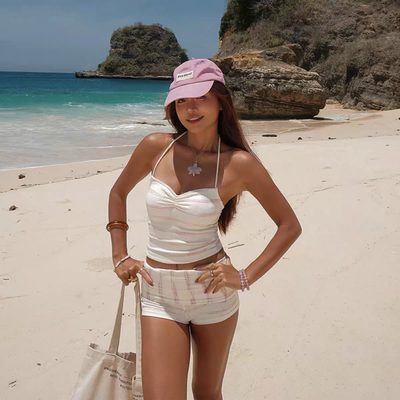 辣妹风挂脖条纹比基尼分体泳衣女