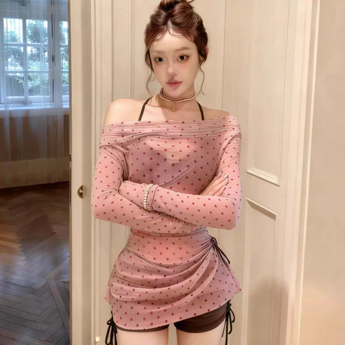 性感波点长袖罩衫三件套比基尼女