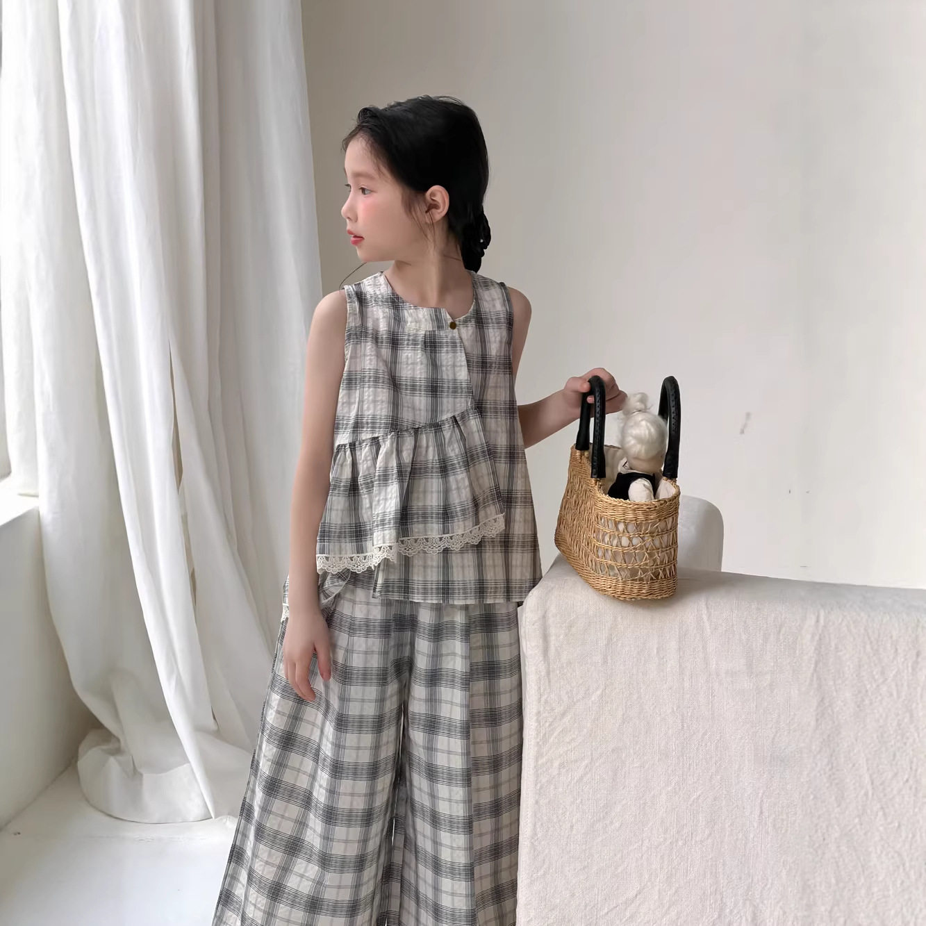 中大童童套装2026夏季女童韩版花边格子两件套儿童休闲阔腿裤套装