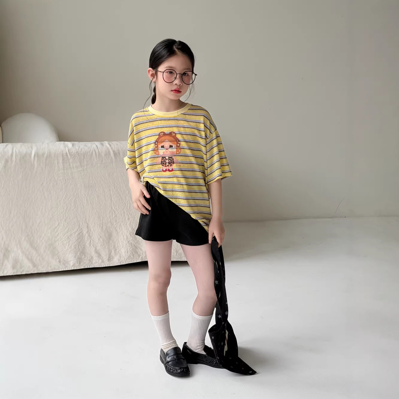 中大童童T恤2026夏季女童韩版卡通条纹上衣儿童圆领宽松休闲短袖