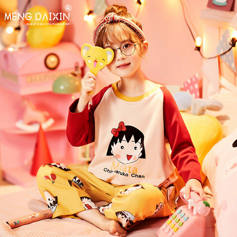 GIRLS PAJAMAS SPRING AND AUTUMN LONG SLEEVE THIN COTTON CHILDRENS SUITS SUMMER MIDDLE AND LARGE CHILDRENS ROUND NECK CARTOON BOW TIE LOUNGEWEAR