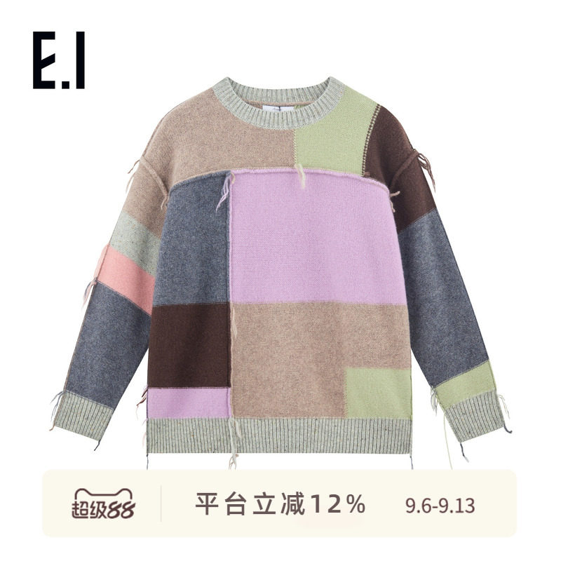 ei童装儿童保暖羊毛衫冬装新款男女童时尚潮酷撞色拼接针织衫