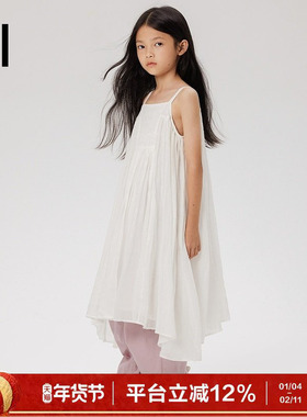 ei童装女童吊带连衣裙2025春装新款中大童白色蕾丝法式度假长裙