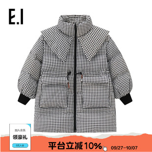 女童千鳥格羽絨服冬裝 高充絨 ei童裝 海軍領寬松外套 新款
