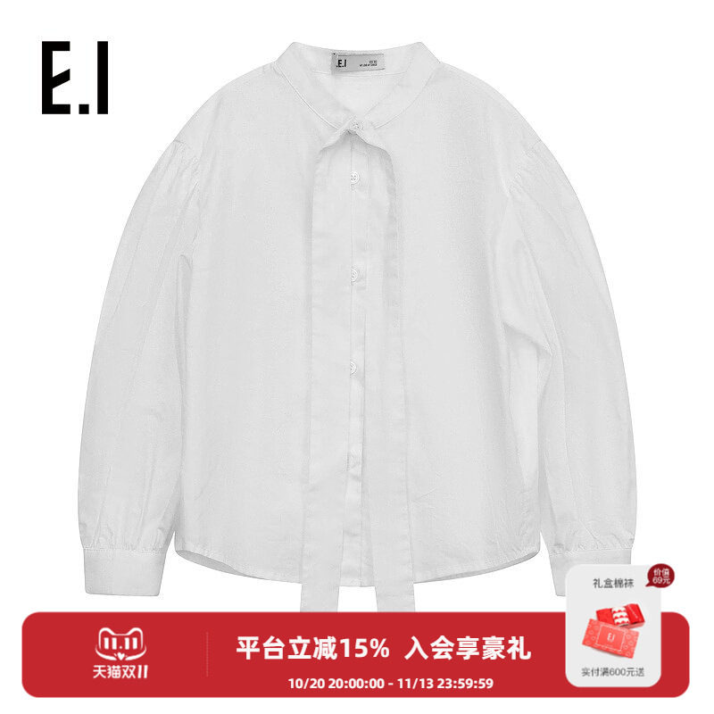 ei童装女童长袖衬衫秋装新款韩版白色系带学院风百搭洋气衬衣