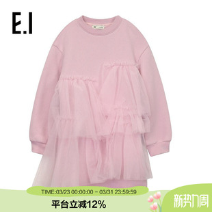 中大童网纱拼接粉色公主裙 新款 ei童装 女童加绒连衣裙冬装