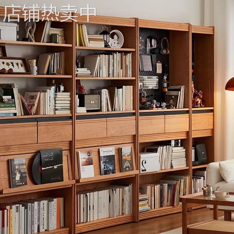 北欧樱桃木书柜 客厅靠墙落地置物架书房简约书柜一体满墙组合柜