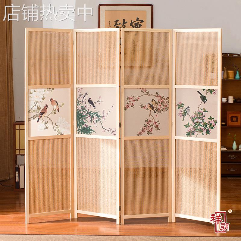 实木布艺半透屏风隔断简约现代折屏座屏玄关乔其纱客厅酒店办公室