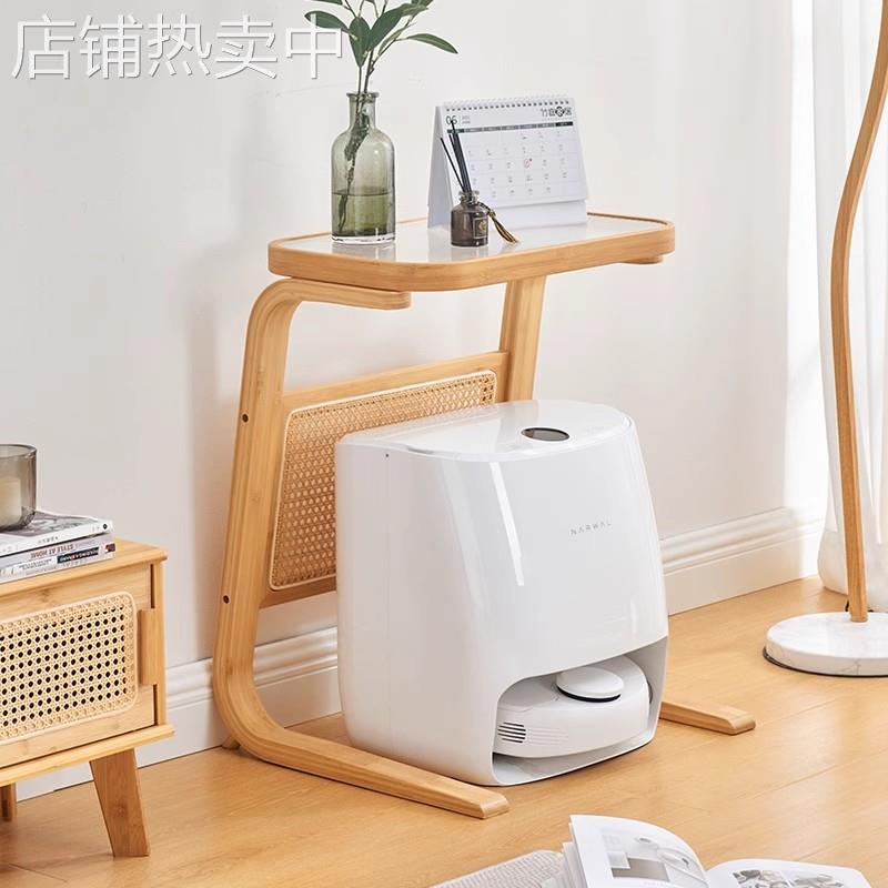 曲天下楠竹木玻璃移动扫地僧扫地机器人收纳置物架客厅沙发边几桌