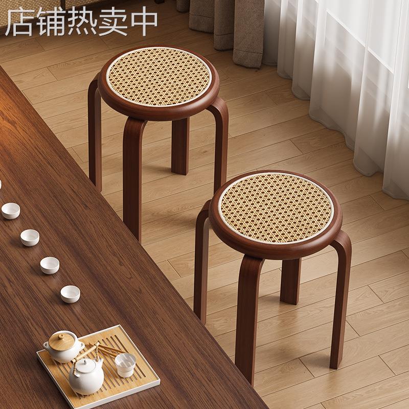 实木藤编圆凳家用中古餐椅客厅久坐舒服茶桌凳子板凳餐厅备用餐凳
