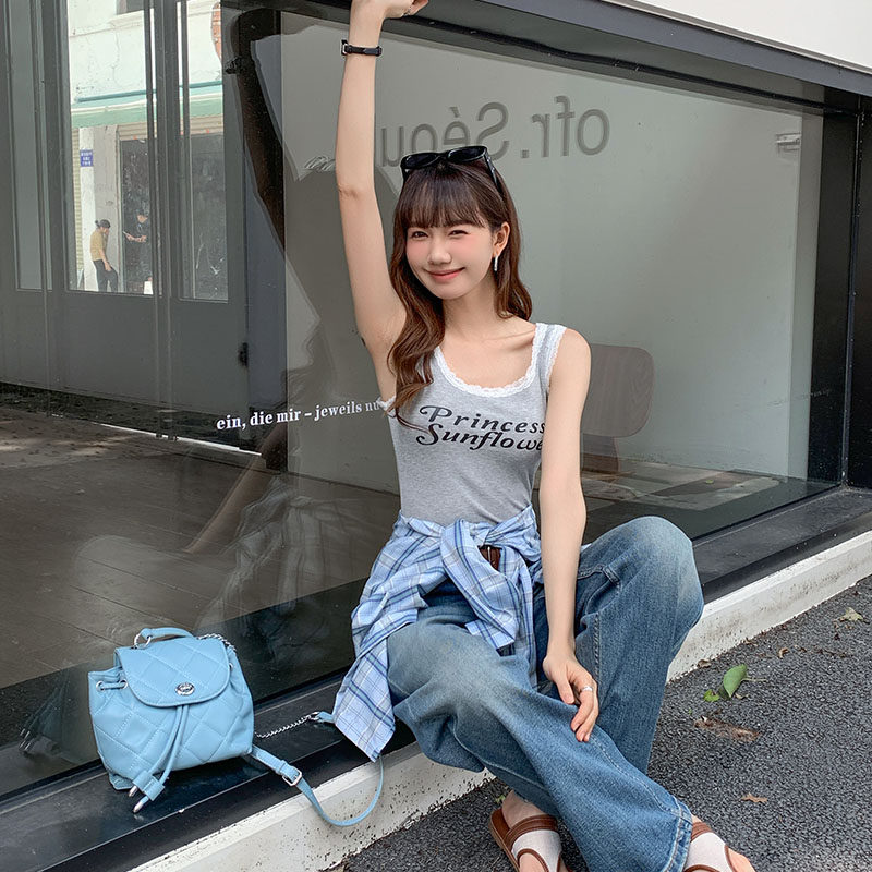 蕾丝边工字吊带背心女夏2026新款印花短款修身显瘦上衣