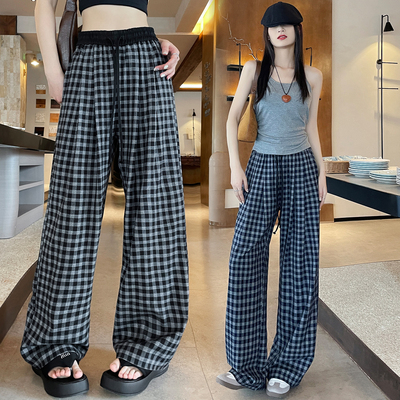 春夏复古蓝格子高腰阔腿休闲裤