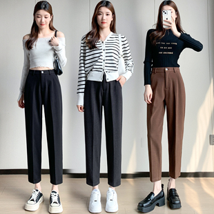 加绒显瘦九分裤 高腰休闲毛呢烟管裤 女秋冬新款 美拉德棕色直筒西裤