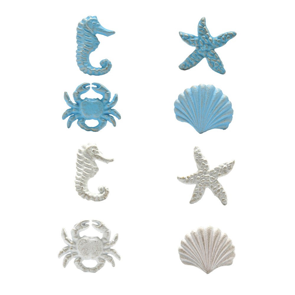 mediterranean blue/white iron knob sea horse/crab/shell/sta