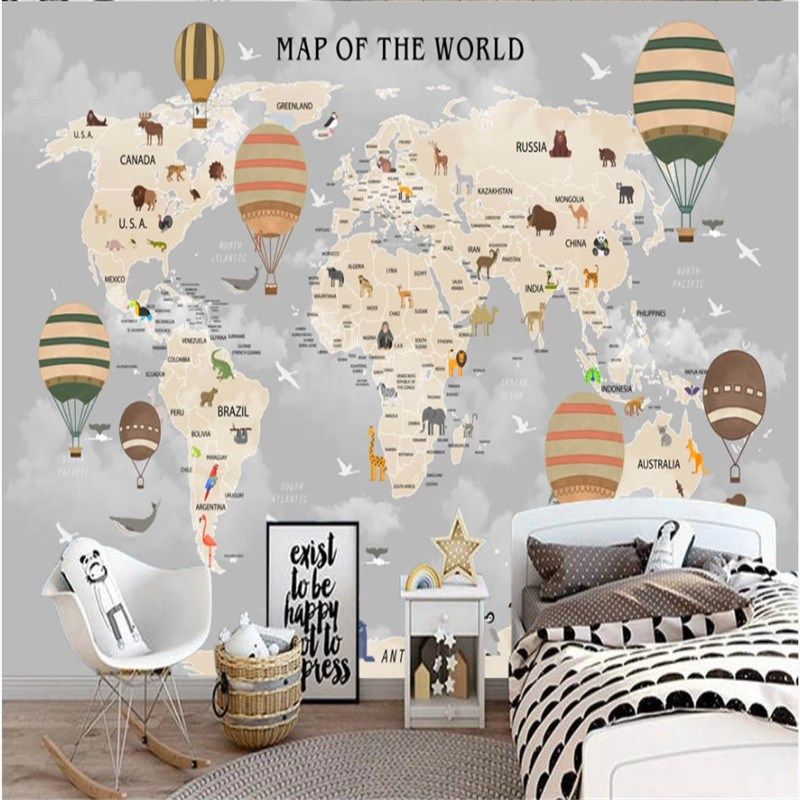 custom size childrens room wall paper 3d cartoon world map