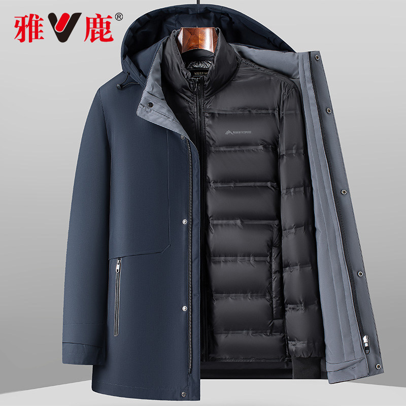 雅鹿冬季鹅绒中长款羽绒服男2025新款中老年爸爸冬装纯色上衣外套