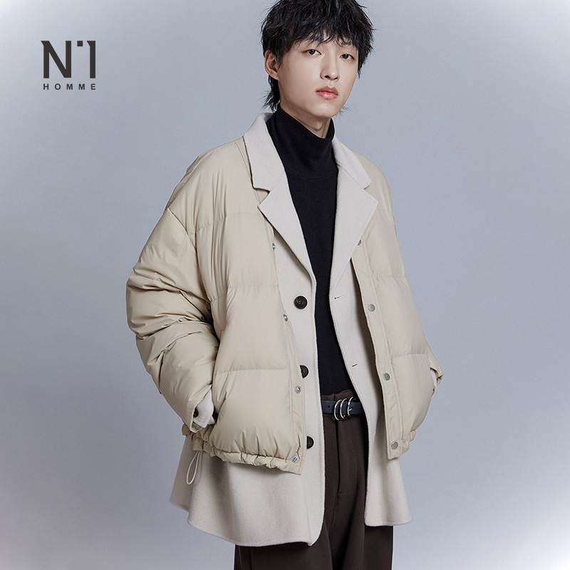【清仓】N1高级感毛呢拼接羽绒服男假两件内里羊毛呢西装领外套