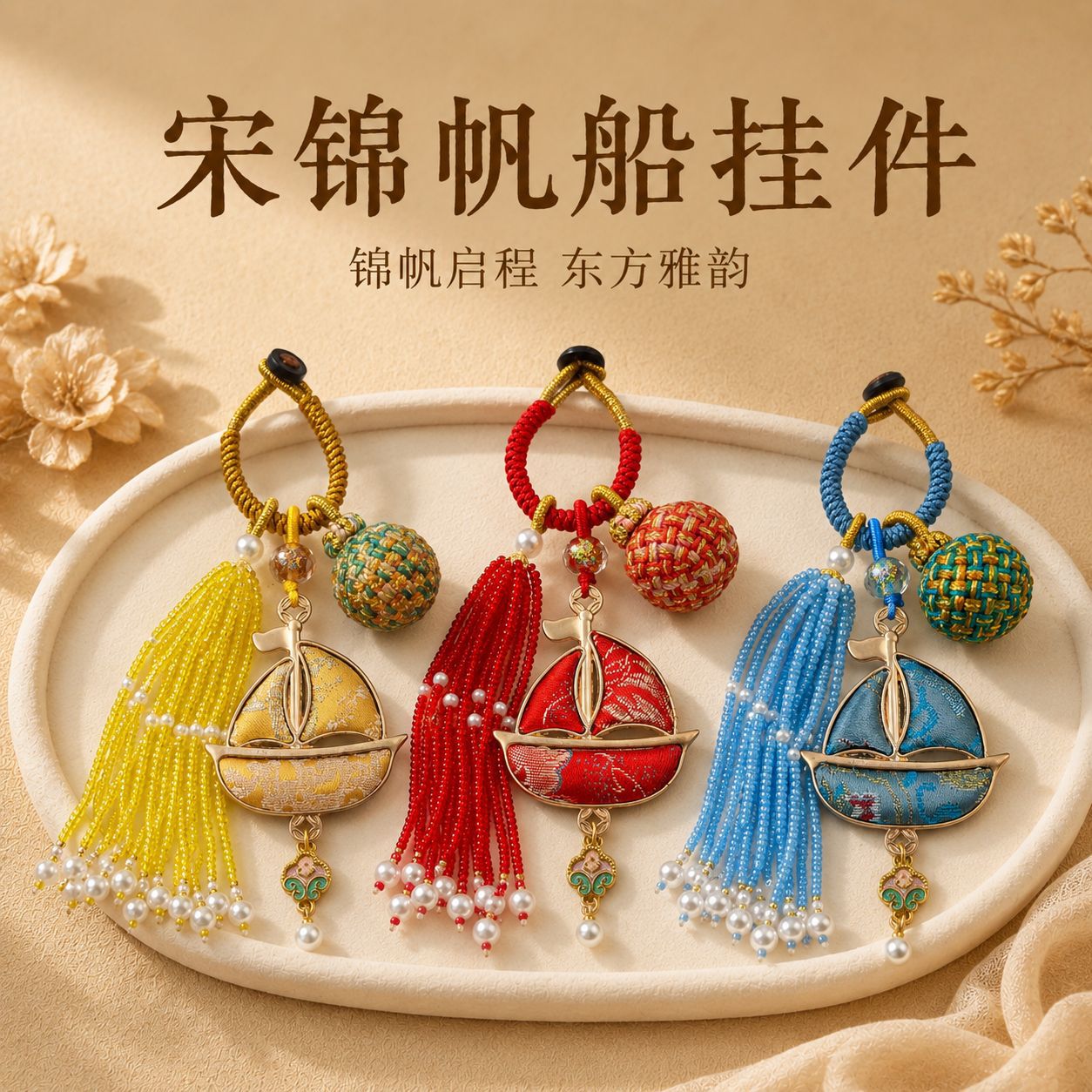 新中式宋锦帆船流苏钥匙扣挂件