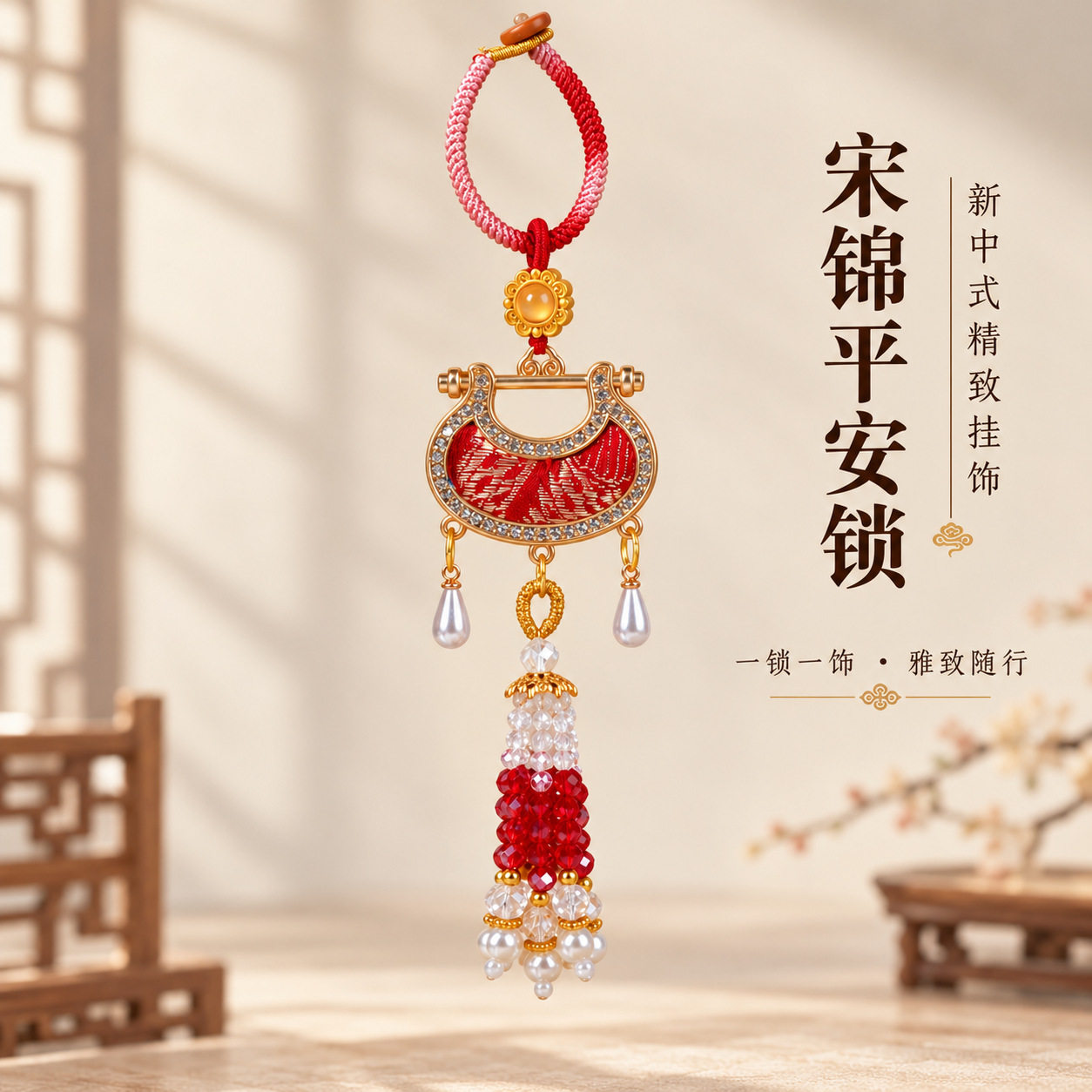 国风双面宋锦平安锁钥匙扣天然锆石流苏挂饰手工非遗编织文创礼物