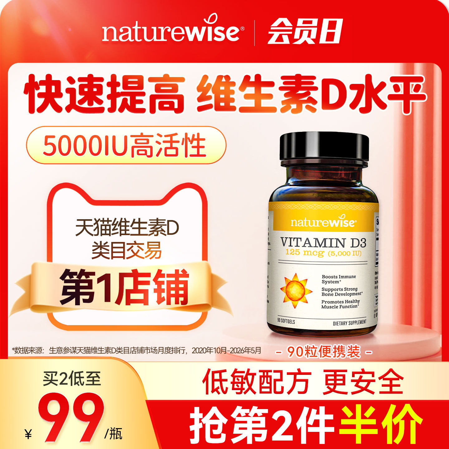 Naturewise阳光瓶维生素d3活性维生素d5000iu备d孕妇成人vd维d3 - 实物图