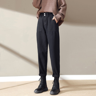 子女 宽松直筒哈伦老爹裤 黑色牛仔裤 女高腰显瘦秋冬加绒2025年新款